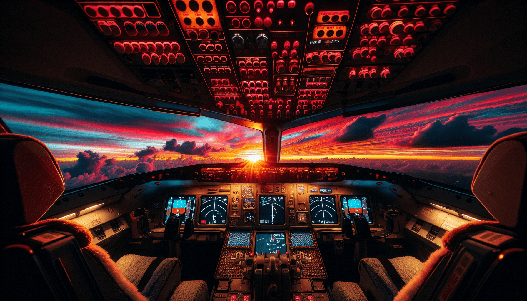 Vista do pôr do sol cinematográfico do cockpit do aviador